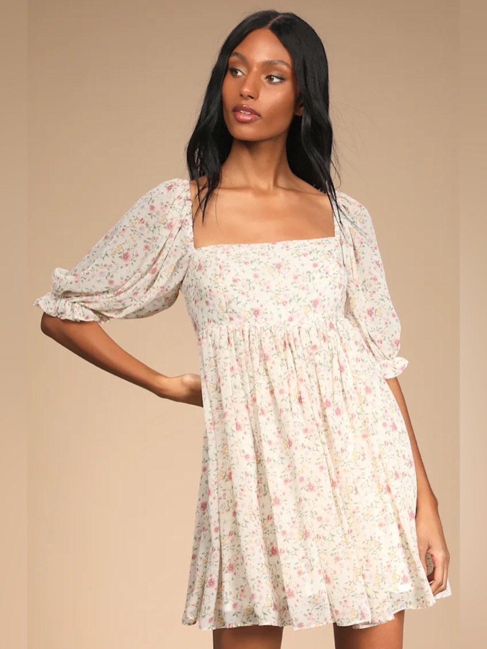 Lulus Sweet Daydreams White Floral Print Puff Sleeve Mini Dress